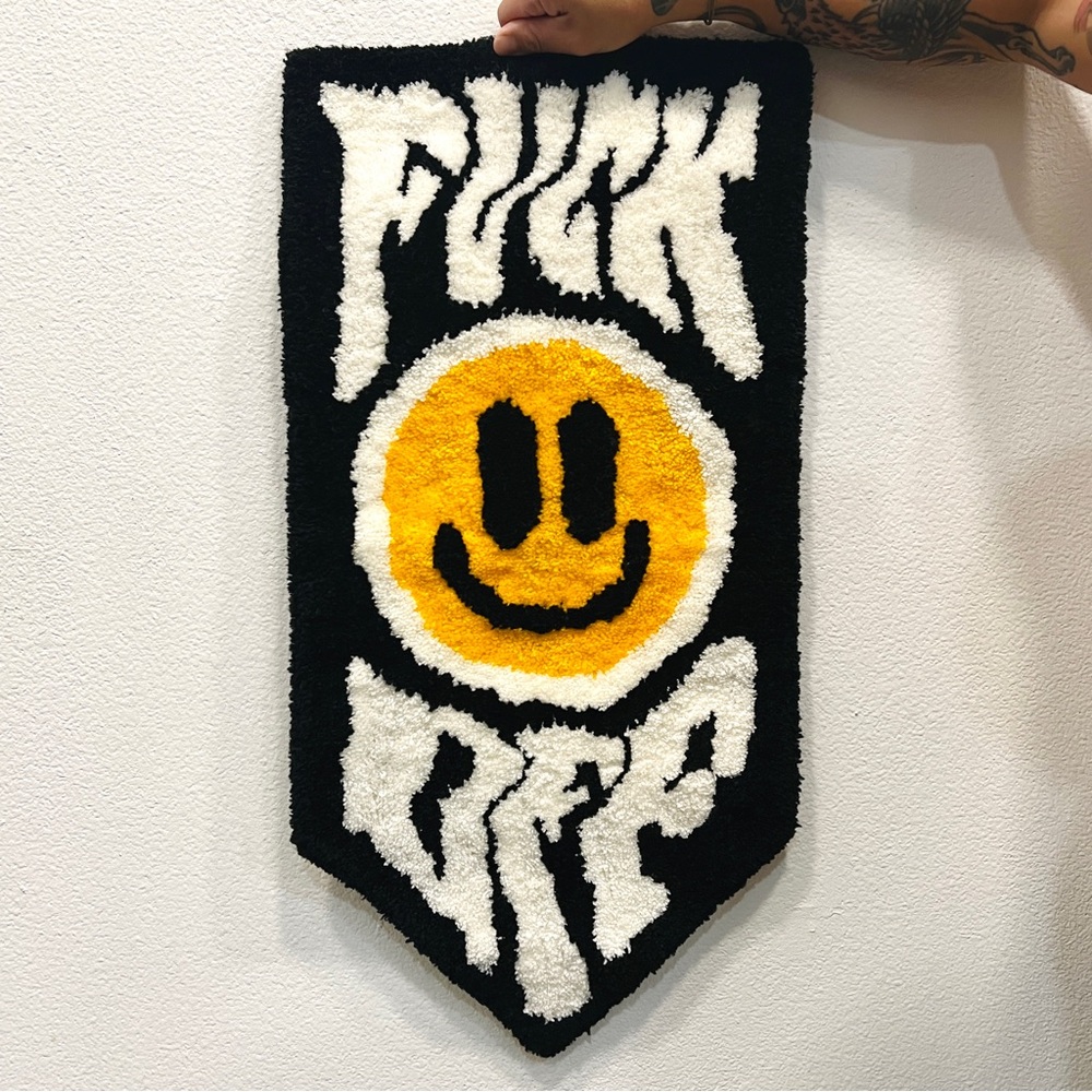 Textile Wall Hanging with “F*ck Off” Yellow Smiley